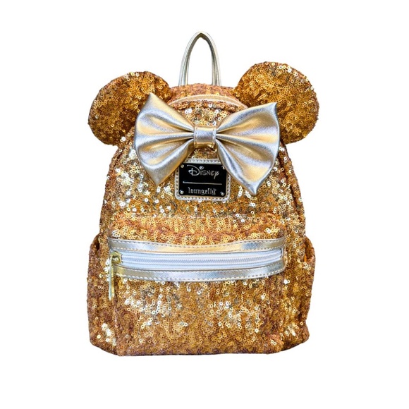 Sparkling Loungefly Minnie Mouse gold sequin mini backpack with bow & 3D ear